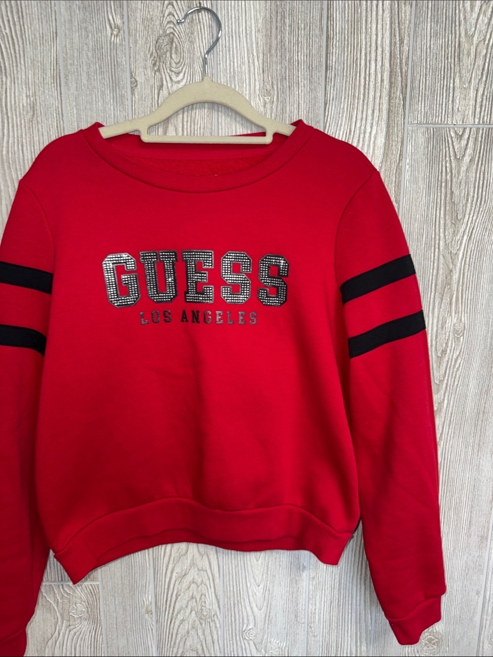 GUESS Red Crewneck Sweatshirt with Black Sleeve Stripes